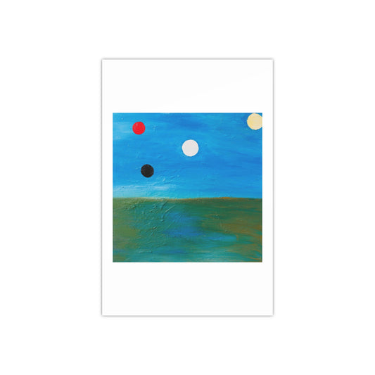 red black yellow and white orbs in the sky - poster